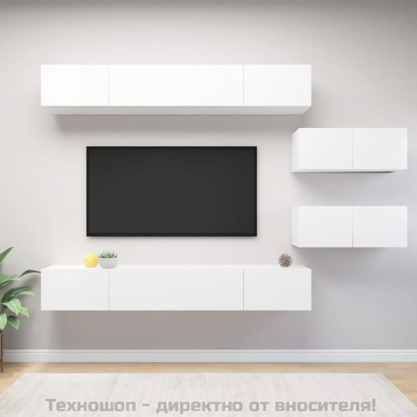 Комплект ТВ шкафове от 6 части, бял, инженерно дърво