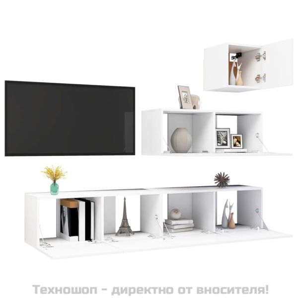 Комплект ТВ шкафове от 4 части, бял, инженерно дърво