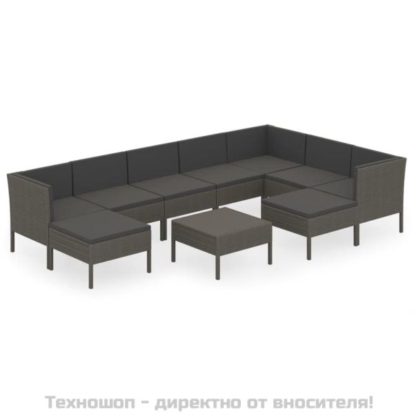 Градински лаундж комплект с възглавници 10 части полиратан сив