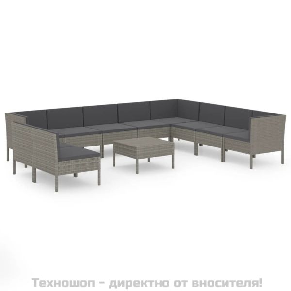 Градински лаундж комплект с възглавници 11 части полиратан сив