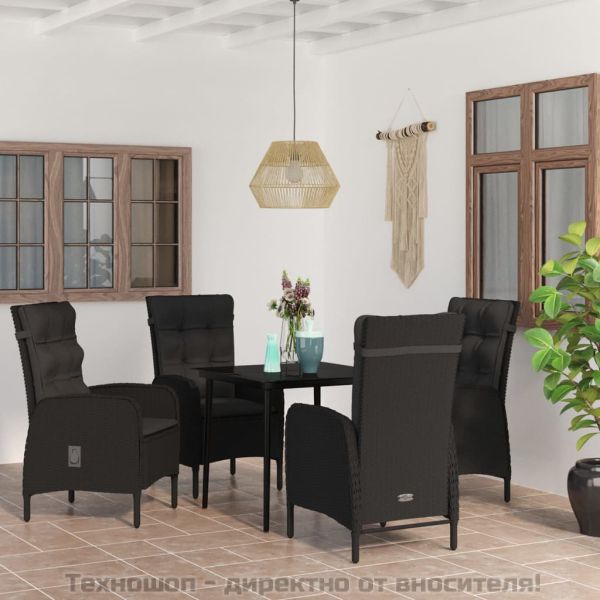 Градински трапезен комплект от 5 части с възглавници черен