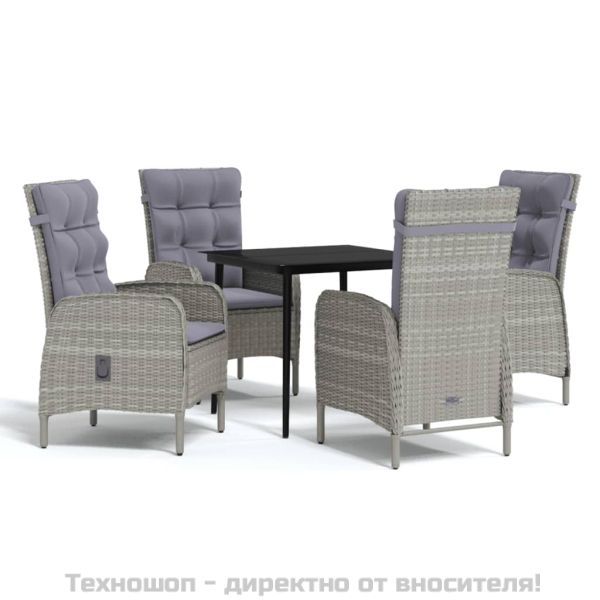 Градински трапезен комплект с възглавници 5 части, сиво и черно