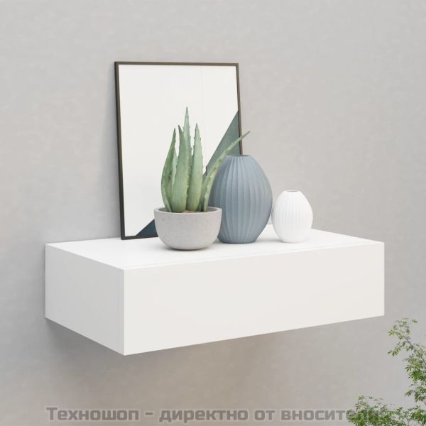 Стенен рафт с чекмедже, бял, 40x23,5x10 см, МДФ