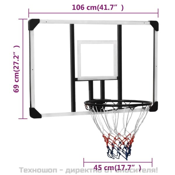 Баскетболно табло, прозрачно, 106x69x3 см, поликарбонат