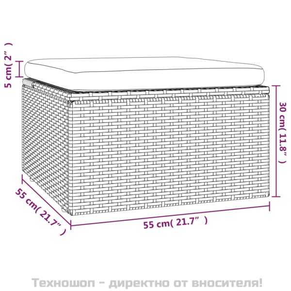 Градинска табуретка с възглавница, сива, 55x55x30 см, полиратан