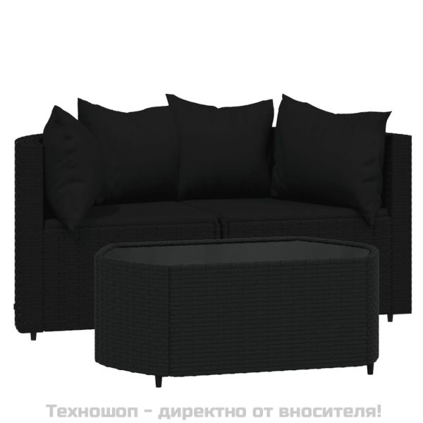 Градински лаундж комплект с възглавници 3 части черен полиратан