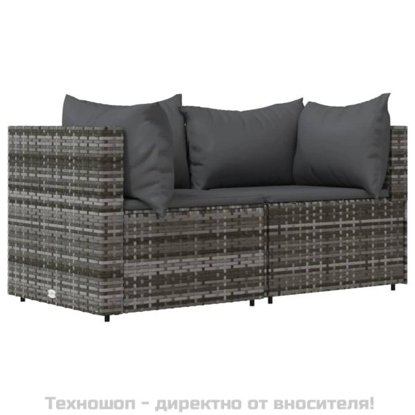 Градински лаундж комплект с възглавници 3 части сив полиратан