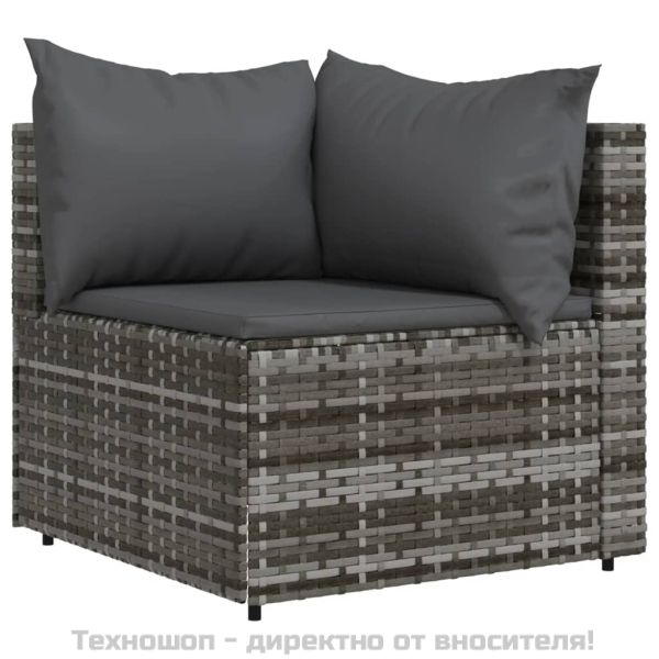 Градински лаундж комплект с възглавници 3 части сив полиратан