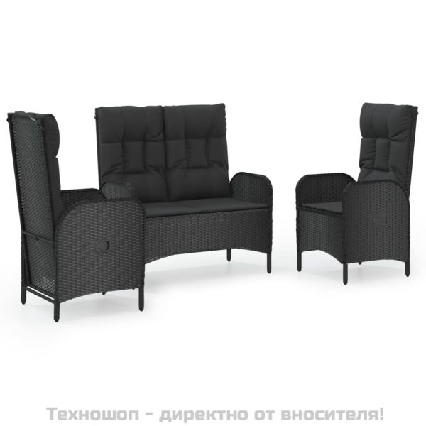 Градински комплект от 3 части с възглавници черни полиратан