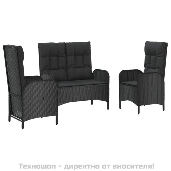 Градински комплект от 3 части с възглавници черни полиратан