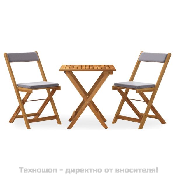 Сгъваем бистро комплект, 3 части, с възглавници, акация масив