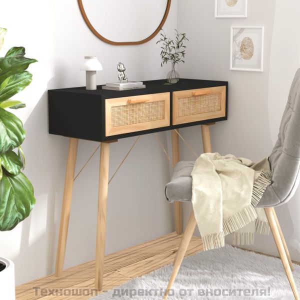 Конзолна маса, черна, 80x30x75 см, бор масив и естествен ратан