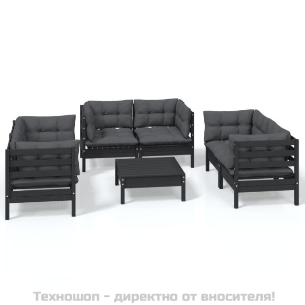 Градински лаундж комплект с възглавници, 7 части, бор масив