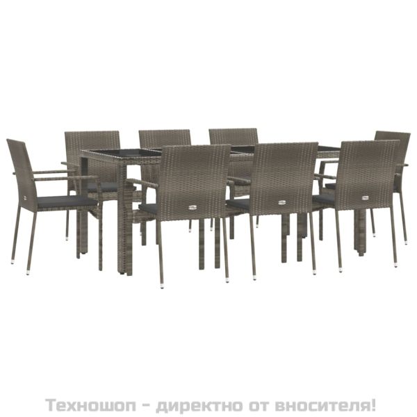 Градински трапезен комплект 9 части с възглавници сив полиратан