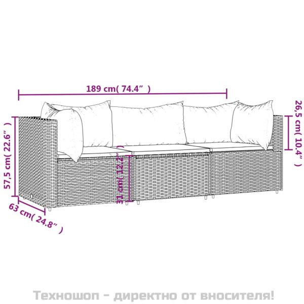 Градински комплект с възглавници, 3 части, кафяв, полиратан