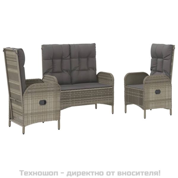 Градински трапезен комплект 3 части с възглавници сив полиратан