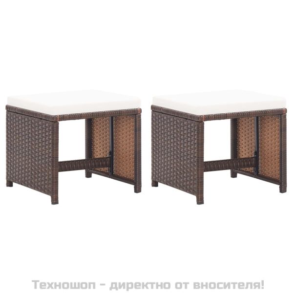 Градински табуретки с възглавници, 2 бр, полиратан, кафяви