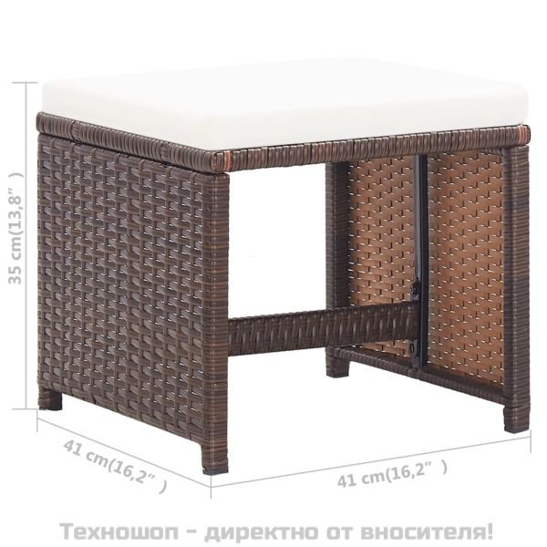Градински табуретки с възглавници, 2 бр, полиратан, кафяви