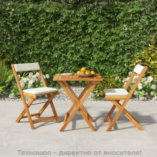 Сгъваем бистро комплект, 3 части, с възглавници, акация масив