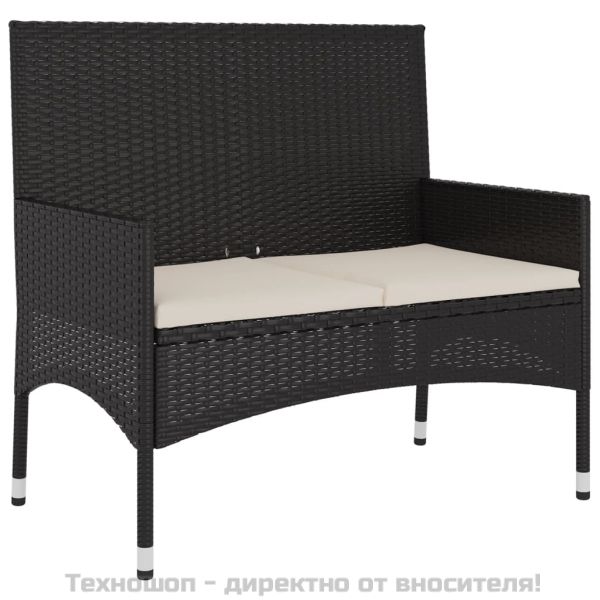 2-местна градинска пейка с възглавници, черна, полиратан