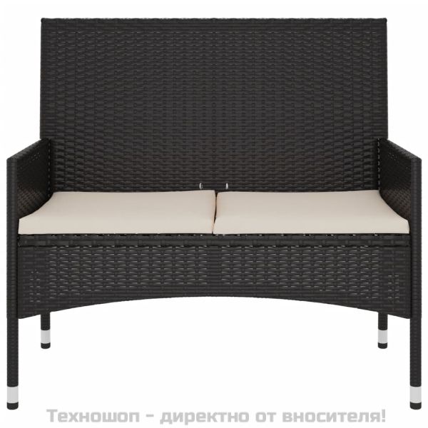 2-местна градинска пейка с възглавници, черна, полиратан