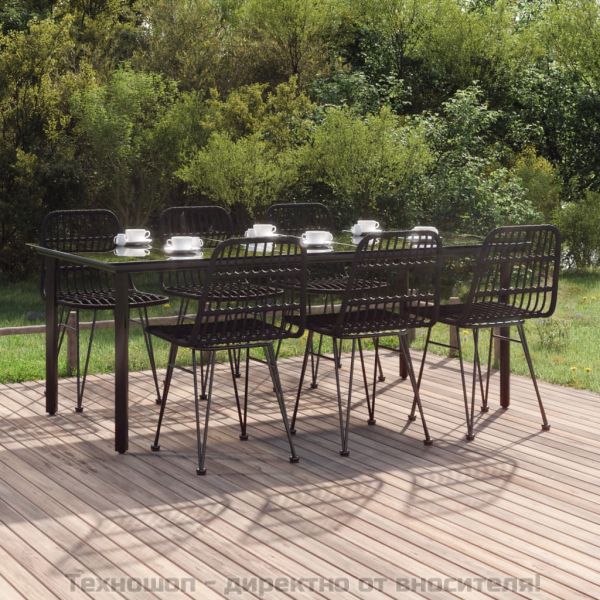 Градински трапезен комплект от 7 части, черно, полиратан