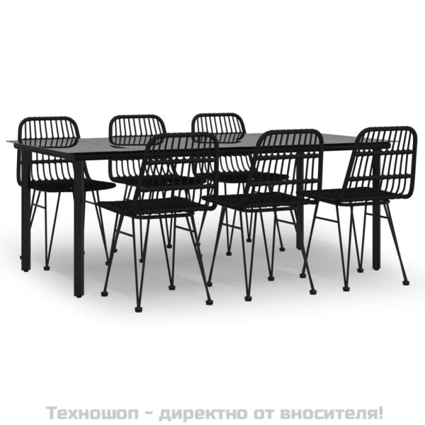 Градински трапезен комплект от 7 части, черно, полиратан