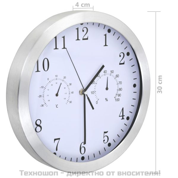 Стенен часовник с кварц, хигрометър и термометър, 30 см, бял