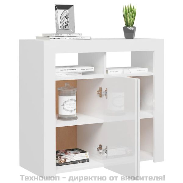 Сайдборд с LED светлини, бял гланц, 80x35x75 см
