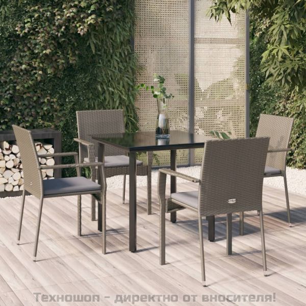 Градински трапезен комплект 5 части с възглавници сив полиратан