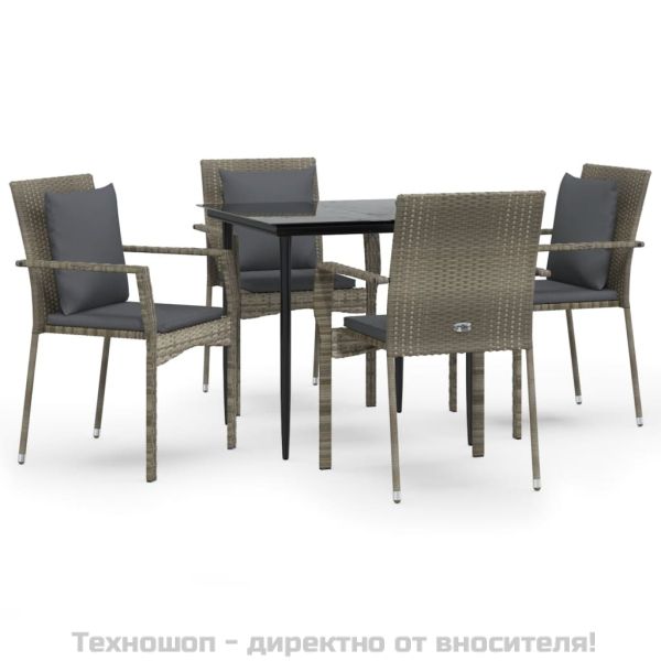 Градински трапезен комплект 5 части с възглавници сив полиратан