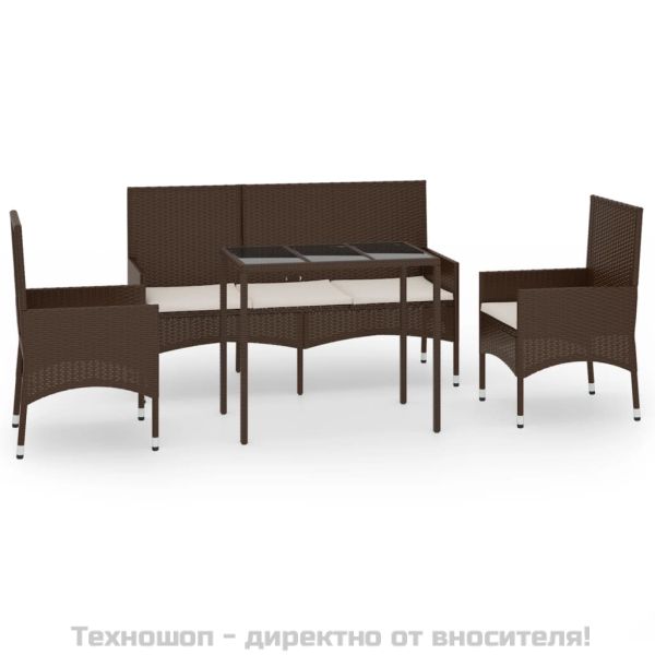 Градински комплект с възглавници, 4 части, кафяв, полиратан