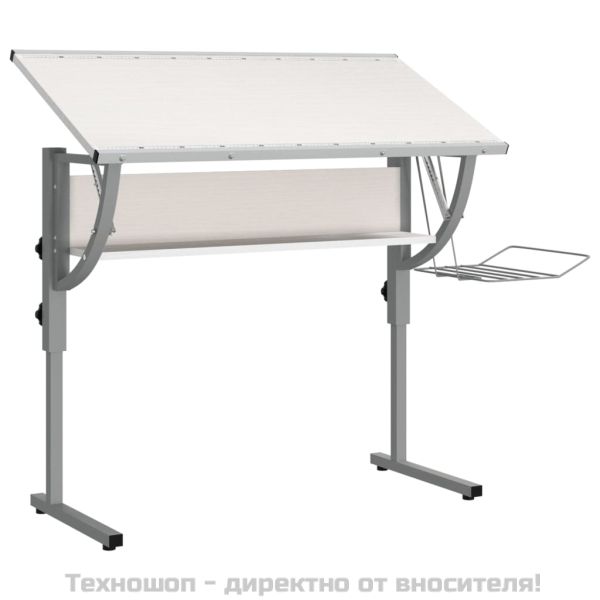 Бюро, бяло и сиво, 110x53x(58-87) см, инженерно дърво и стомана