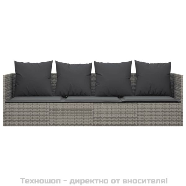 Градинско лаундж легло с възглавници, сив полиратан