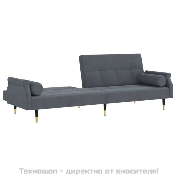 Разтегателен диван с възглавници, тъмносив, кадифе