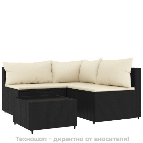 Градински лаундж комплект с възглавници 4 части черен полиратан