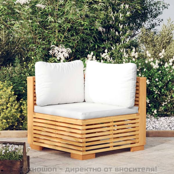 Градински ъглов диван с кремави възглавници, тиково дърво масив