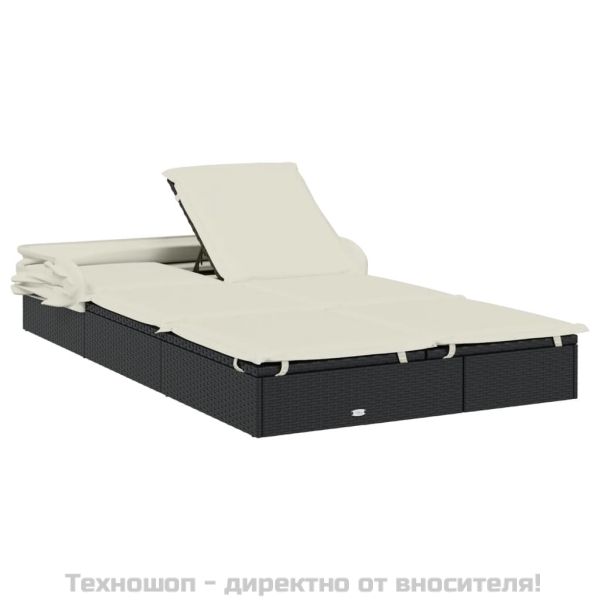 2-местен шезлонг черен сгъваем покрив 213x118x97 см полиратан