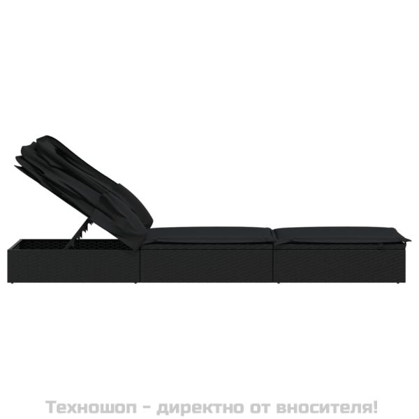 Шезлонг със сгъваем покрив, черен, 213x63x97 см, полиратан