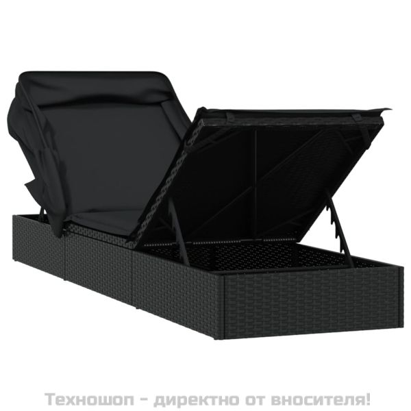 Шезлонг със сгъваем покрив, черен, 213x63x97 см, полиратан