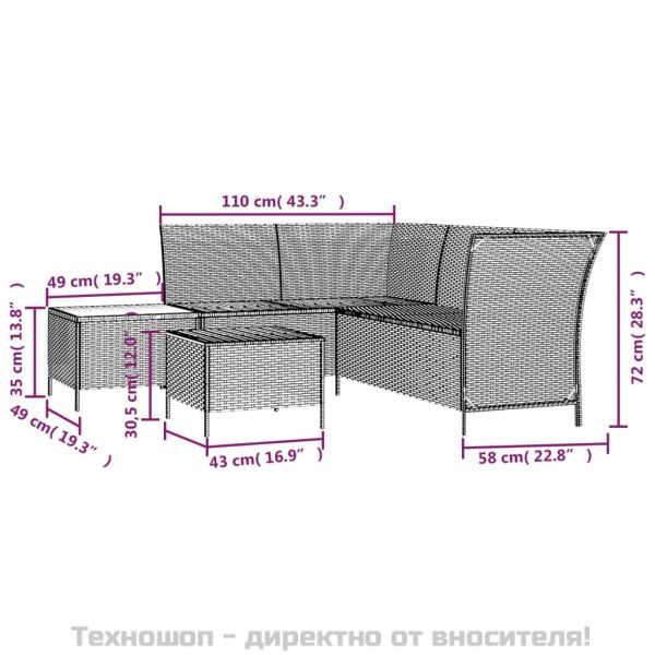 Градински лаундж комплект с възглавници 4 части черен полиратан