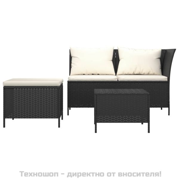 Градински лаундж комплект с възглавници 3 части черен полиратан