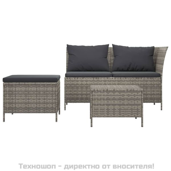 Градински лаундж комплект с възглавници 3 части сив полиратан