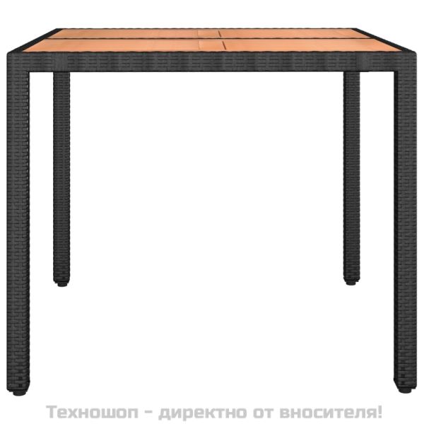 Градинска маса с дървен плот, черна, полиратан и акация масив