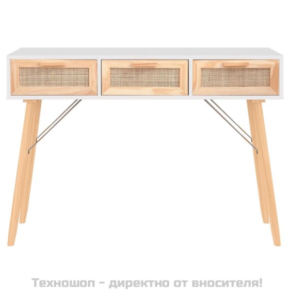 Конзолна маса, бяла, 105x30x75 см, бор масив и естествен ратан