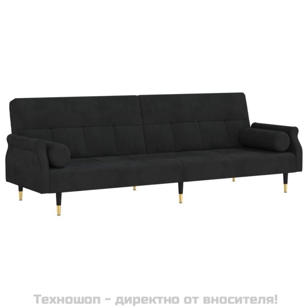 Разтегателен диван с възглавници, черен, кадифе