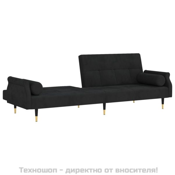Разтегателен диван с възглавници, черен, кадифе