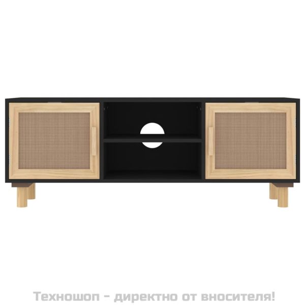 ТВ шкаф, черен, 105x30x40 см, бор масив и естествен ратан