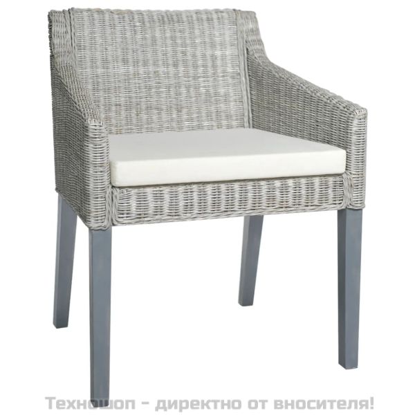 Трапезен стол с възглавница, сив, естествен ратан