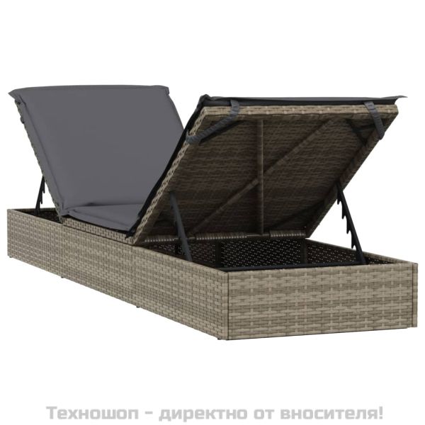Шезлонг 1 бр с възглавница сив 201x55x62 см полиратан